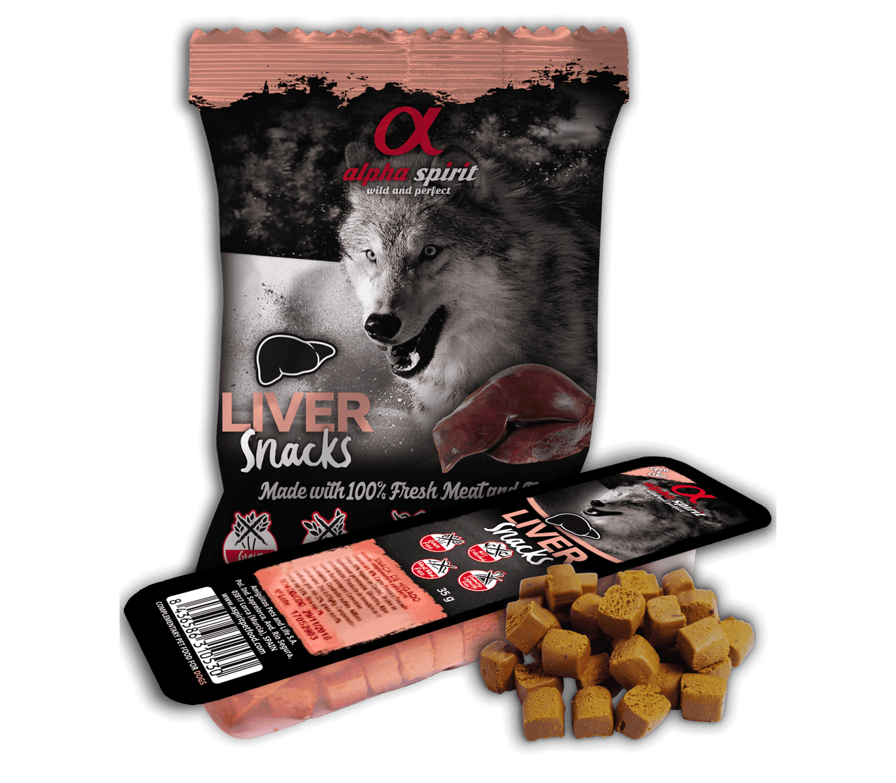 Ласощі для собак Alpha Spirit Snacks напіввологі беззернові кубики з печінкою 35 г - Зображення 5