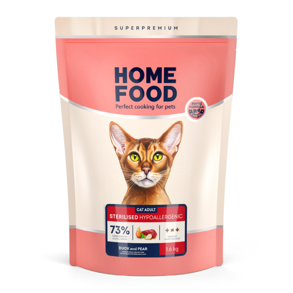 Home Food Беззерновий гіпоалергенний корм для дорослих стерилізованих/кастрованих котів Качка та груша Grain-free hypoallergenic. Suitable for exotic breeds