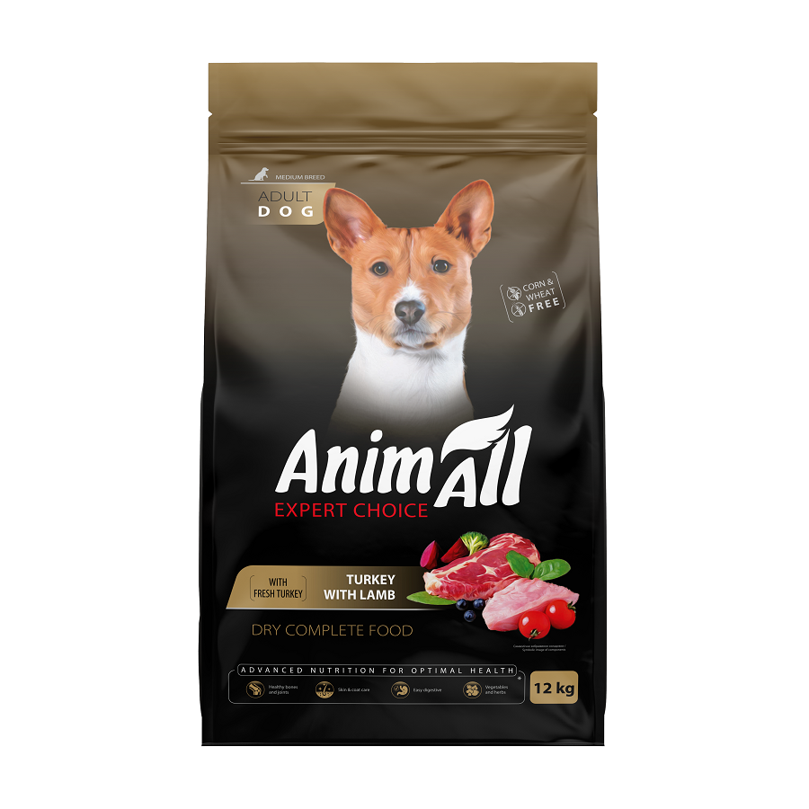 AnimAll Повнораціонний сухий корм для собак середніх порід зі свіжою індичкою та ягням